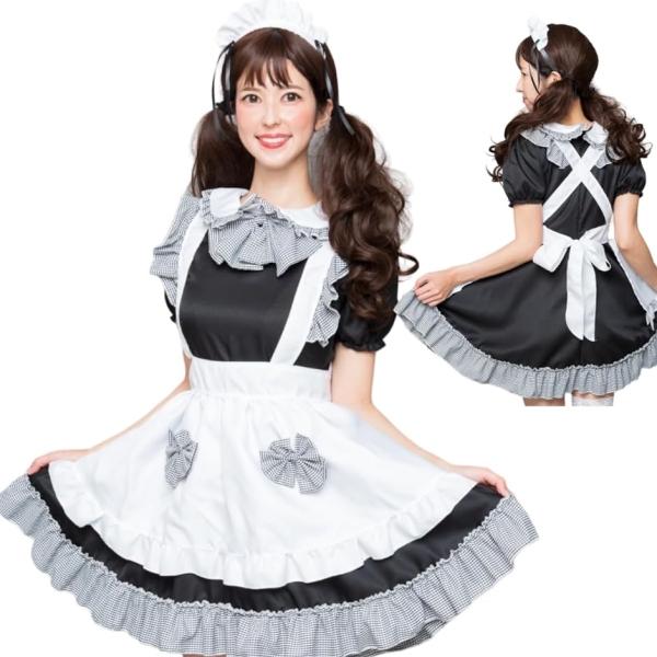 メイド服 ギンガムチェック コスチューム Aライン エプロン ワンピース リボン 4点セット( ブラ...