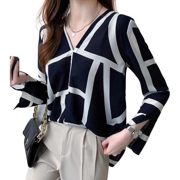 ブラウス レディース 長袖 Vネック 上品 おしゃれ 幾何学模様 シャツ( ネイビー,  S)
