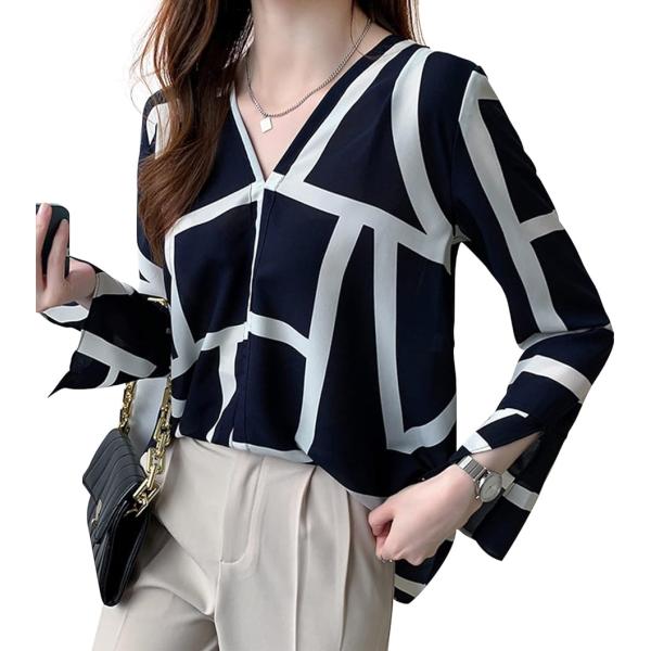 ブラウス レディース 長袖 Vネック 上品 おしゃれ 幾何学模様 シャツ( ネイビー,  L)
