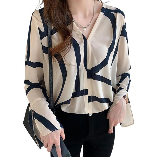 ブラウス レディース 長袖 Vネック 上品 おしゃれ 幾何学模様 シャツ( ベージュ,  S)