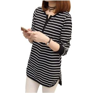 ボーダー ロング Tシャツ レディース ストライプ 長袖丈 カットソー トップス スリット入り XXL( ブラック,  2XL)