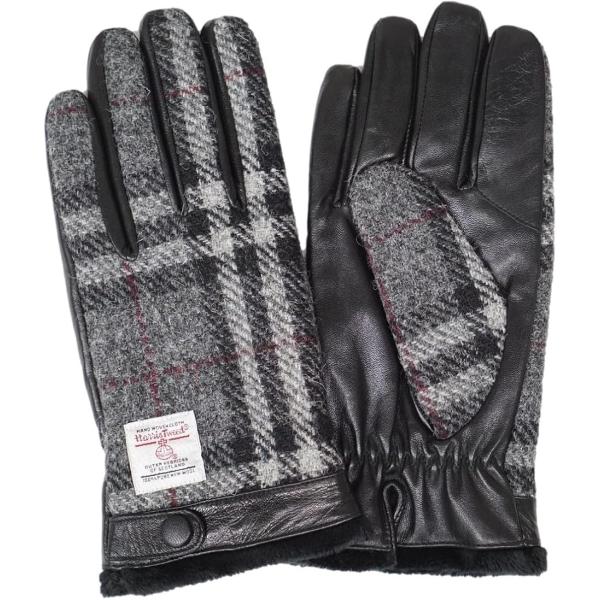 メンズ スマホ対応 ハリスツイード Harris Tweed レザー コンビ 手袋 (チャコールチェ...