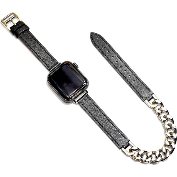 AppleWatch用 チェーン レザー ベルト グルメットメタル シルバー/本革/ステンレス( ブ...