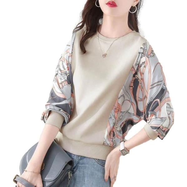 ドルマンスリーブ レディース 長袖 ブラウス トップス スカーフ柄(ベージュ,  2XL)