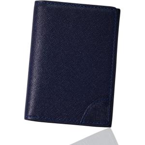 ネイビー レザー風 名刺入れ 名刺入れ レディース 本革 大容量 70枚収納 (ネイビーxスカイブルー