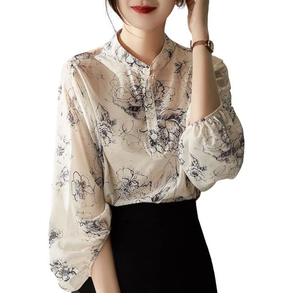 絵画風フラワープリントブラウス ノーカラー パフスリーブ シースルー JS46-IV-XL(アイボリ...