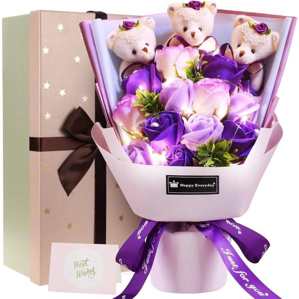 ソープフラワー 花束 くま LED付き ピンク 枯れない花 石鹸花 バラ 造花 ブーケ 可愛いぬいぐ...