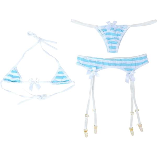 縞々 セクシーランジェリー 3点セット フリーサイズ( ブルー,  Free Size)
