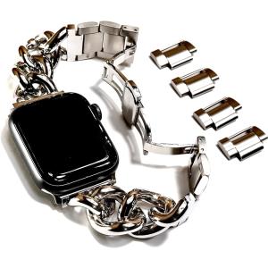 Apple Watch チャンキー チェーンベルト コマ調整器不要 バタフライバックル( シルバー,  38/40/41mm)