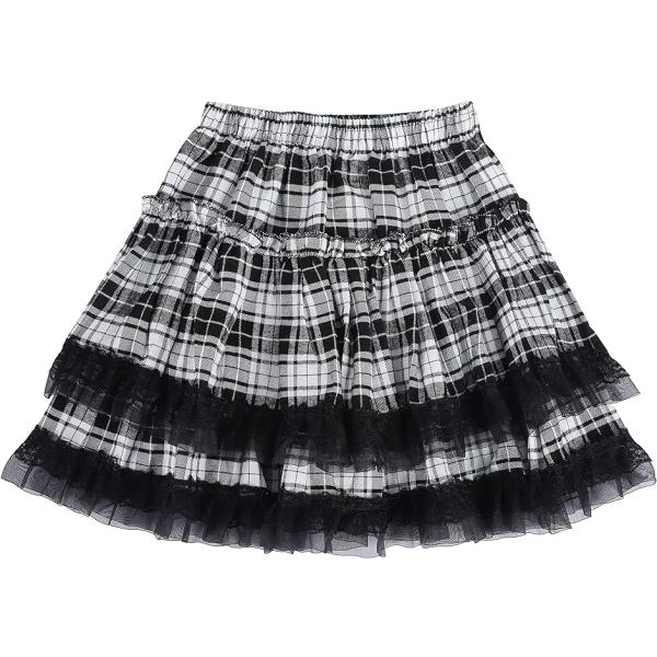 フリフリ ウエストゴム スカート フリーサイズ( B/白黒チェック,  Free Size)