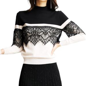 レディース レースニット ボタニカル柄 丸首 ボーダー タートルネック ニットセーター オフィス カジュアル トップス