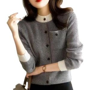 レディース ニットカーディガン ストライプ 丸首 ニットセーター オフィス カジュアル トップス 通勤 長袖 韓国(グレー, M)