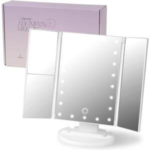 美容クリニック採用モデル 鏡 女優ミラー 22個LEDライト 卓上ミラー 三面鏡 (ホワイト, 長さ36 x 幅28.5 cm)