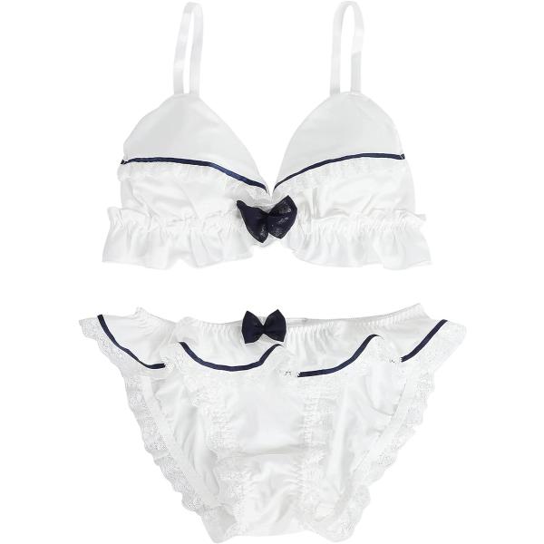 大きいサイズ ゆめかわ フリフリ ノンワイヤー ブラ ショーツ セット ホワイト・ネイビー( ホワイ...