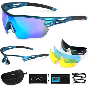 偏光スポーツサングラス 交換可能レンズ5枚付き メンズ レディース 超軽量 サイクリング ランニング ドライブ 釣り( ブルー/ブルー)