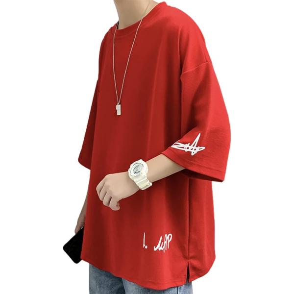 アルファベット ロゴ クルーネック カットソー カジュアル ゆったり 半袖 メンズ( レッド,  4...