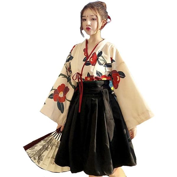 レディレイジー 大正ロマン 袴 和服 着物 漢服 コスプレ 民族衣装 レディース ショート 椿柄 黒...