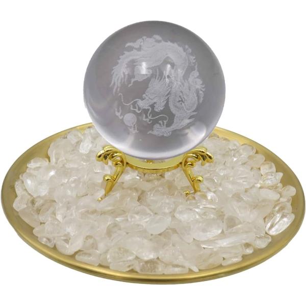 龍 水晶玉 さざれ石 台座 トレー セット( ゴールド)