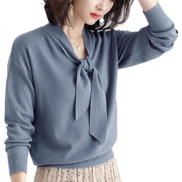 ボウタイ ニット セーター レディース プルオーバー きれいめニット 通勤 おでかけ( ブルーグレー...