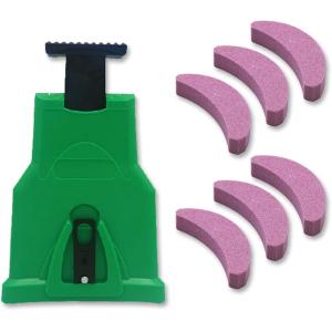 チェンソー チェーンソー 目立て器 刃研ぎ 研ぎ器 砥石 道具 セット ソーチェーン シャープナー(グリーン,  本体＋砥石6個セット)