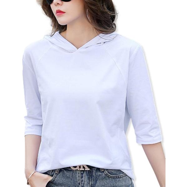 パーカー Tシャツ カットソー フード 付き 半袖 薄手 6分袖 フーディー レディース( ホワイト...