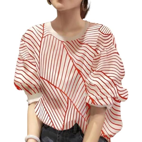 ニブンノイチプラス ブラウス チュニック バルーン袖 5分袖 総柄 レディース XXL 赤( レッド...