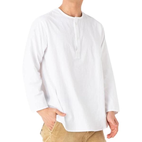 ゆったり 襟なし メンズ シャツ スリーピングシャツ ヘンリーネック プルオーバー( ホワイト,  ...