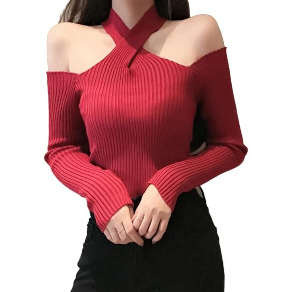 ニット レディース セクシー 長袖 セーター トップス オフショルダー タイト( レッド,  Fre...