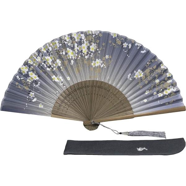 扇子 レディース 季節の花々 桜 桔梗 牡丹 蓮 扇子入れ 箱入り(グレー,  フリー)