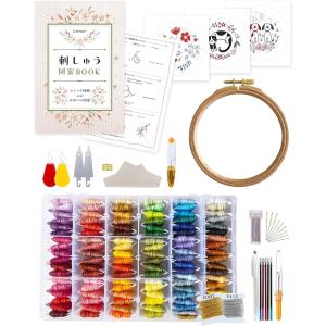 刺繍キット 刺繍糸 108色＋金銀 図案本 刺繍枠 初心者 セット 収納 布 ステッチ説明書 25番/8m/6本綴り( 108色)｜horikku