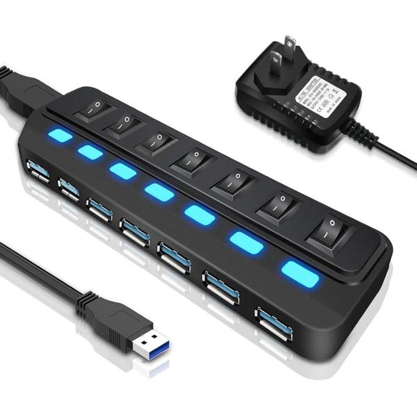 【互換品】2020最新版USB3.0ハブ 7ポートハブ 5Gbps高速 充電可能 独立スイッチ LE...