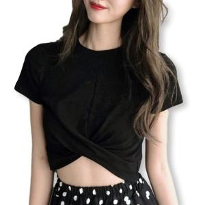 Tシャツ 半袖 ショート丈 ショートTシャツ 個性的 無地 トップス 短め レディース 黒 (ブラック M)の商品画像