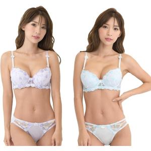 レディース ブラ ブラジャー ショーツ 下着 上 セット 女性 カップ 取り外し (ブルー＆パープル D75)の商品画像