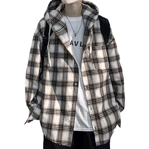チェック パターン シャツ パーカー ビックシルエット ストリート カジュアル 長袖 トップス ジャ...