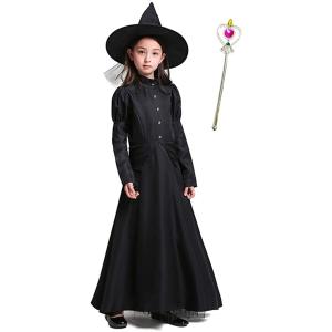魔女 クラシカル 本格 コスプレ 3点セット ワンピース、帽子、ハートのステッキロングスカート ブラック(ブラック, L(140cm))