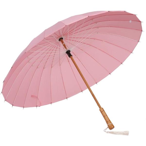 長傘 雨傘 和傘 番傘 耐風 撥水 24本骨 グラスファイバー 晴れ雨兼用( ピンク)