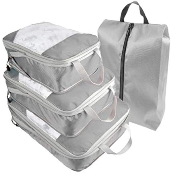 旅行 圧縮バッグ 4点セット トラベル 圧縮袋 トラベルポーチ 収納 ファスナー 大容量 衣類 仕分...