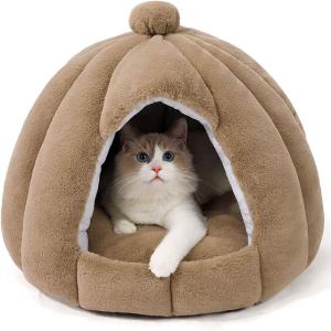 猫ベッド 猫ハウス ペットベッド 柔らかい 猫犬 小型犬 キャットハウス クッション 寝床 ソフトケージ 暖かい( ブラウン)