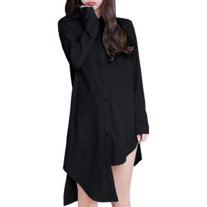 シャツ アシンメトリー アシメ ブラウス 無地 変形 ロング 丈 長め 長袖 レディース 黒 (ブラ...