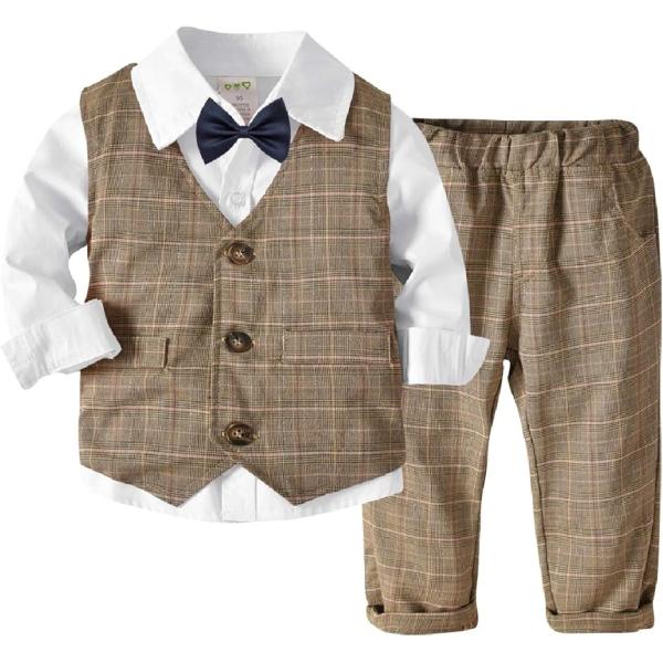 キッズ フォーマル 男の子 スーツ 4点セット おしゃれ 子供服 80cm(ブラウン+ホワイト,  ...