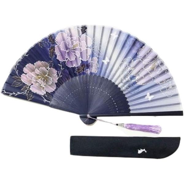 扇子 レディース 季節の花々 桜 桔梗 牡丹 蓮 扇子入れ 箱入り(藍色牡丹,  フリー)