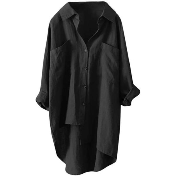 ゆったり 抜け感 綿 麻 長袖 七分 前後差 シャツ レディース( ブラック,  XL)