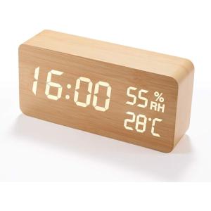 目覚まし時計 木製 大音量 デジタル 置き時計 温度湿度計(木目調)｜ホリック PayPayモール店
