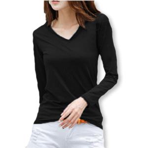 イーグルハート Vネックロング Tシャツ カットソー トップス 無地 薄手 レディース(ブラック, XL)