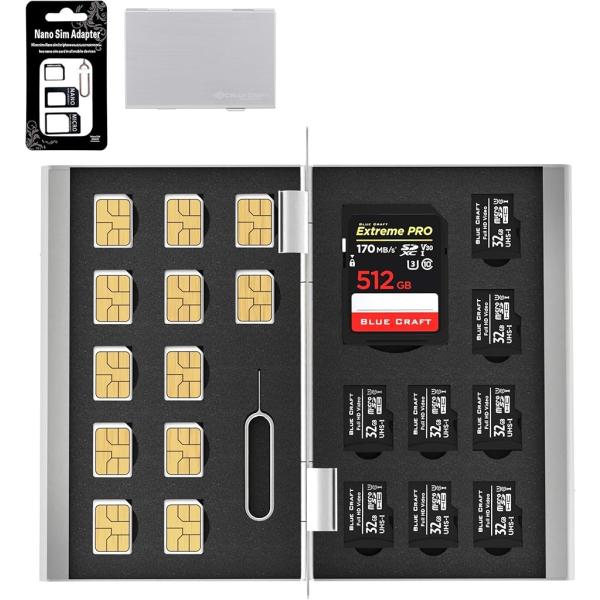 BLUECRAFT SIM・SDカード 収納ケース アルミ両面タイプ 最大21枚収納 nanoSIM...