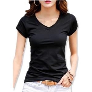 イーグルハート Vネックロング Tシャツ カットソー トップス 無地 薄手 レディース 半袖(ブラック（半袖）, L)