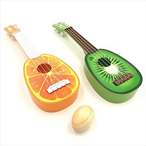 フルーツ ウクレレ 子供 ミニ 果物 ギター 2種類 セット ＆ エッグシェーカー キウイ x ミカン(キウイ x ミカン)