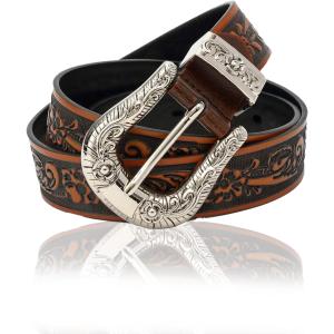 カービング柄 型押し レザー ベルト ウエスタン D型バックル メンズ