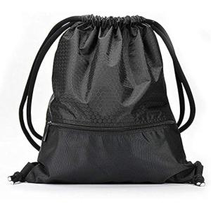 ジムサック ナップサック スポーツバッグ 巾着袋 リュック ナイロン 撥水 軽量 耐久性 ポケット付き( ブラック,  Large)