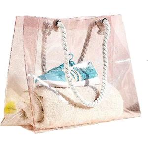 ラメ入り クリアバッグ レディース トートバッグ 大容量 ロープハンドル プール( ピンク,  Lサイズ)